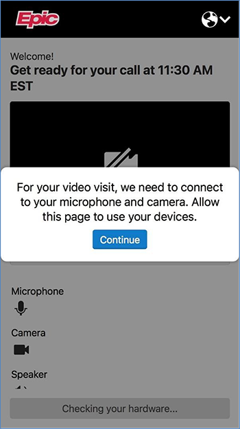 Mobile screen shot of the video visit feature asking for permissions to use your device's microphone and camera.