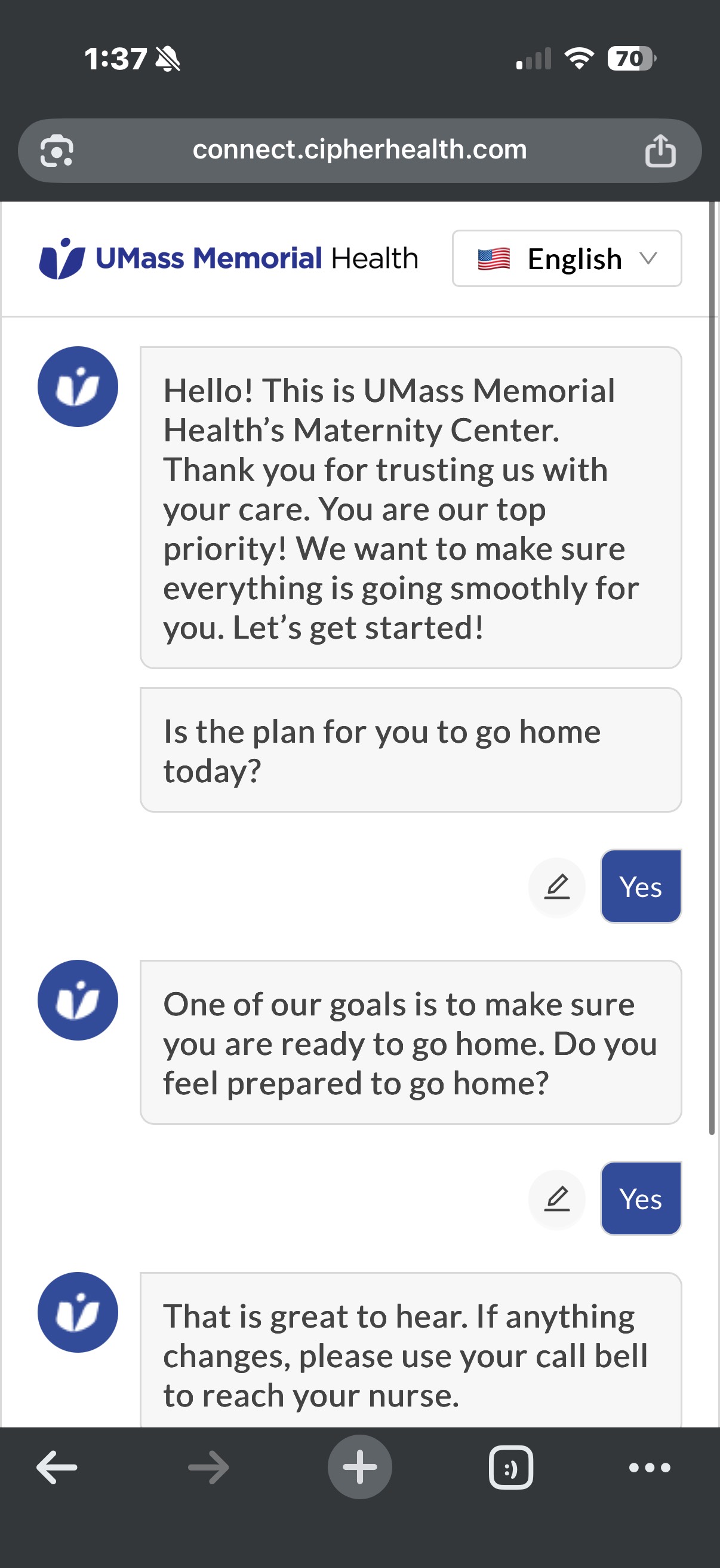 A phone screenshot of a survey from UMass Memorial Health. The image shows an automated chat asking the patients questions about returning home.
