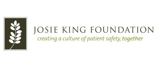 A white leaf on a black rectangle with the text 'Josie King Foundation. Creating a culture of patient safety, together.'