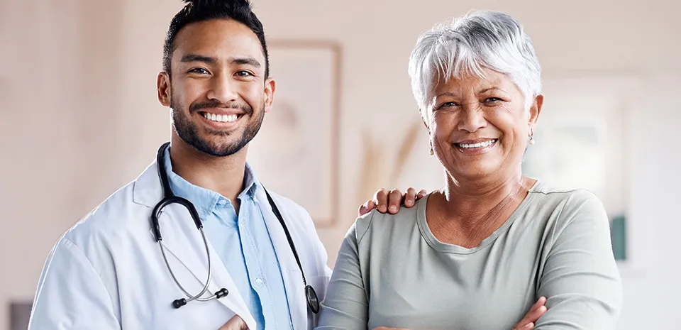 Image of woman has an appointment with and her physician to discuss managing her diabetes.