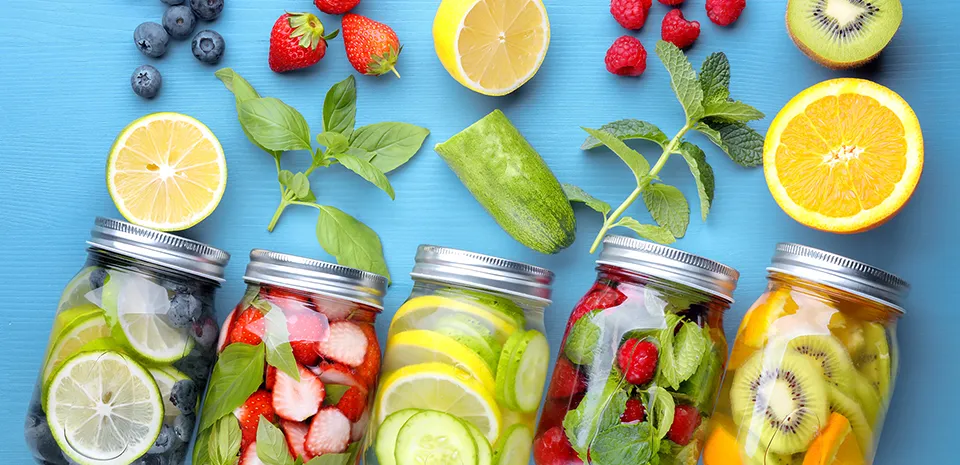 fruit and water in mason jars