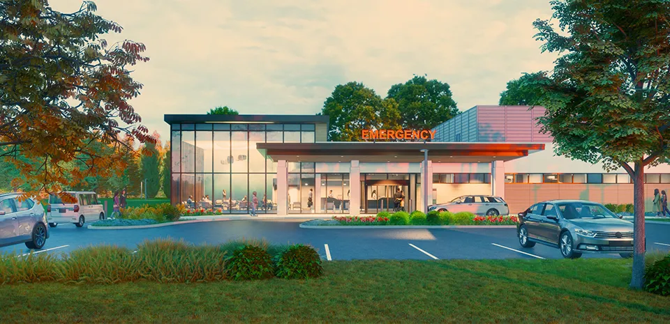 Front-facing rendering of the future UMass Memorial Medical Center at Nashoba Valley
