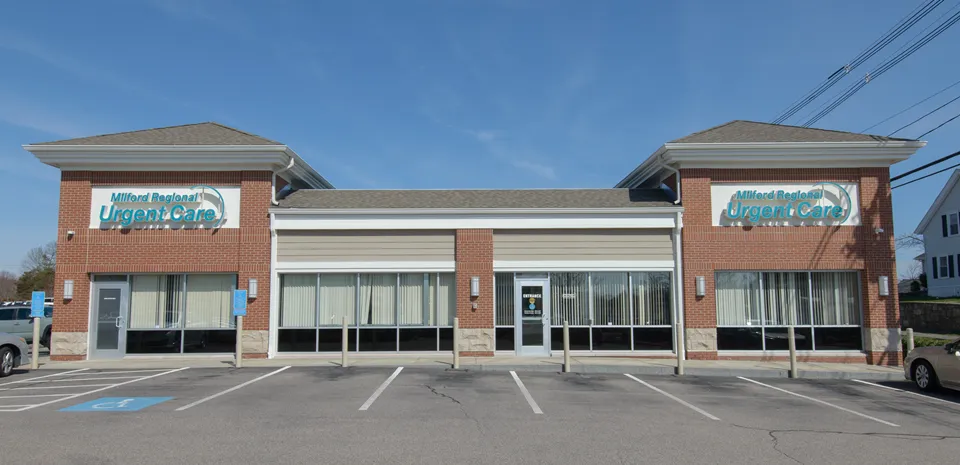 An exterior photo of the Milford Regional Urgent Care location in Milford, Massachusetts