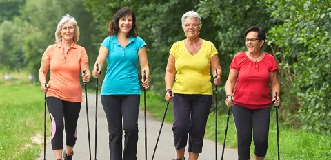 A group of mature women with hiking sticks are walking on a path.