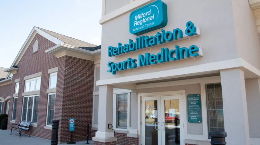 The exterior of the Rehabilitation and Sports Medicine building in Northbridge, Massachusetts.