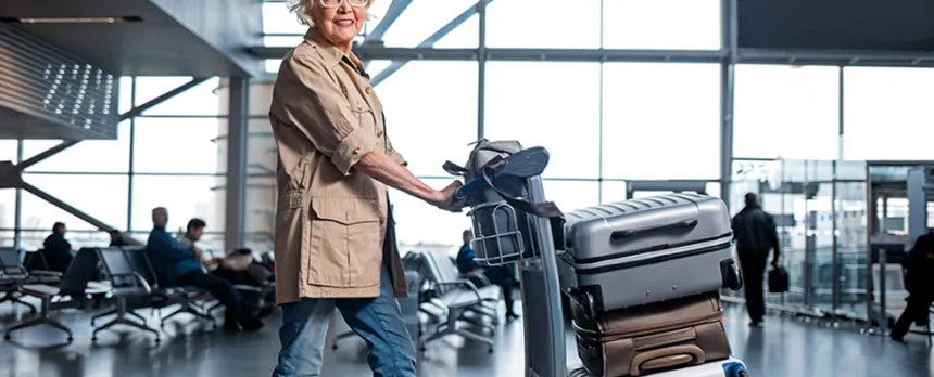 A woman pushes a cart with her luggage through an airport.